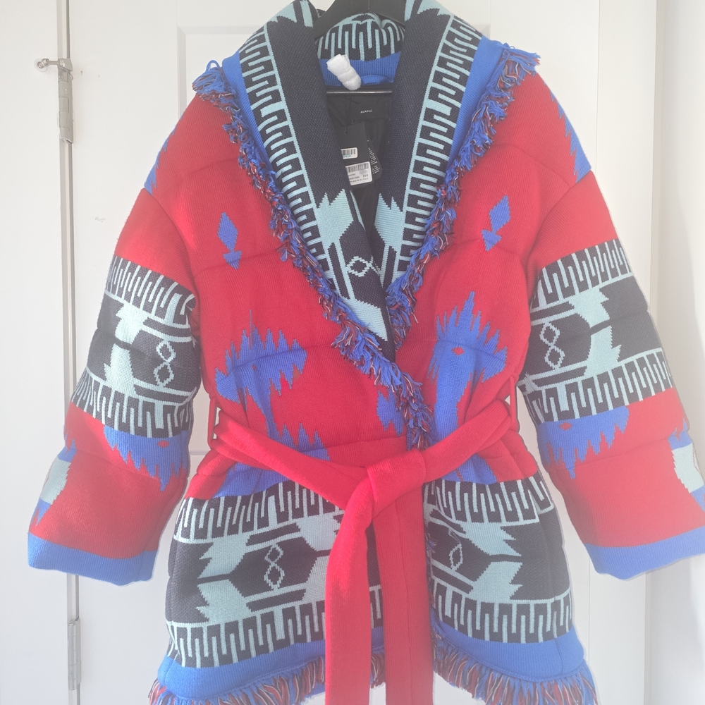Women's Red and Blue Patterned Puffer Jacket